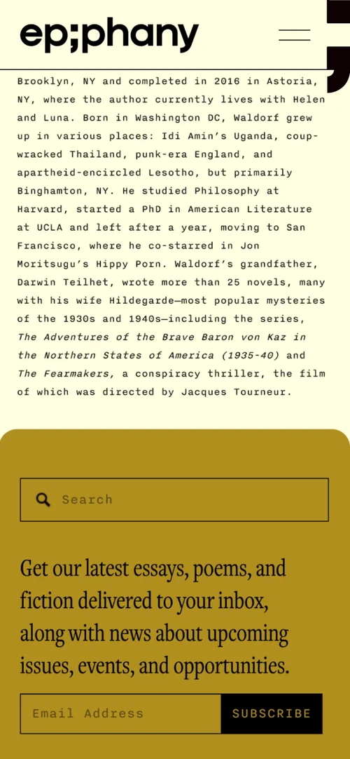 Mobile screen: newsletter signup, on ochre