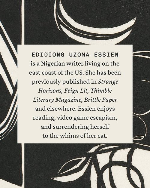 Social graphic: a contributor biography on a black and cream pattern