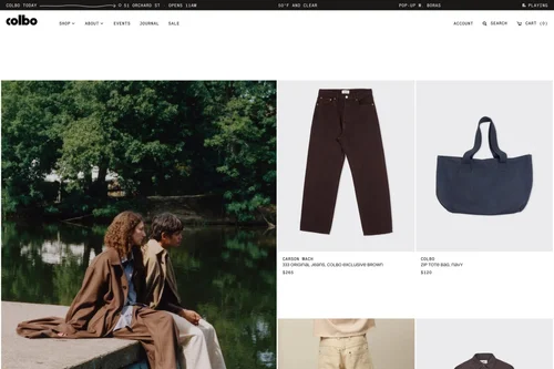 Website: the homepage, a look photographed by a pond beside the Carson Wach jeans and a navy tote