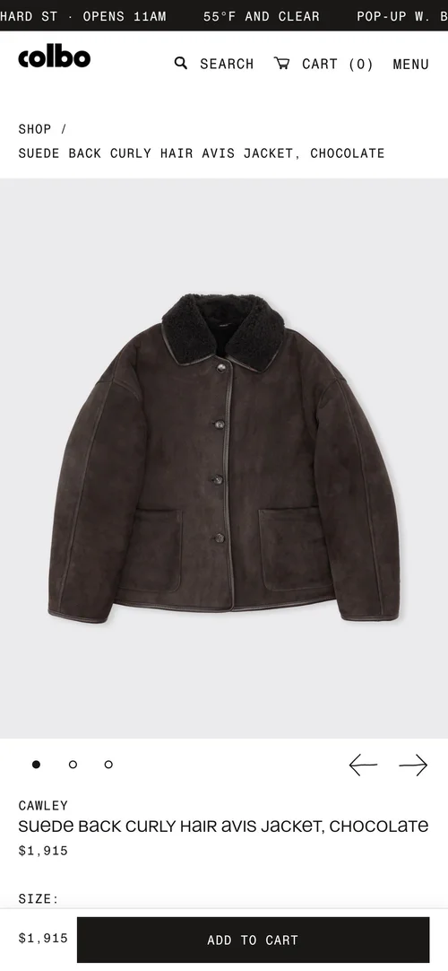 Mobile screen: a product page for Cawley’s suede back curly hair Avis jacket