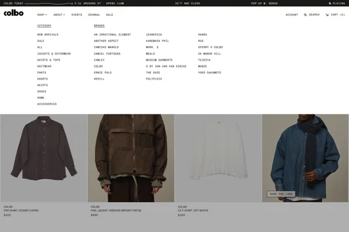 Website: the Shop menu open, with categories and brands