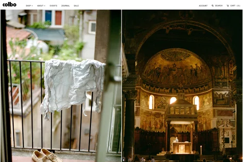 Website: two full-width photos from the Sperry travel diary in Rome, a shirt drying on a balcony and a church interior
