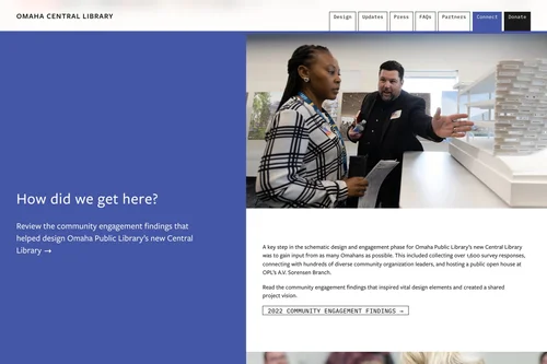 Website: How did we get here?, on blue, beside a photograph of the library’s architectural model and the community engagement findings