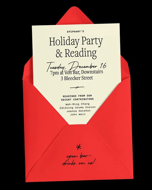 Holiday Party and Reading invitation in a red envelope