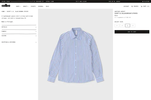 Website: a product page for Another Aspect’s Shirt 3.0 in blue and brown stripe