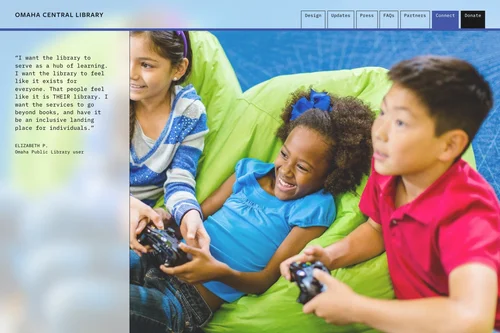 Website: a library patron’s quotation on a bookmark panel beside a full-screen photograph of children playing video games