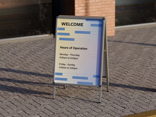 Sidewalk sign: Welcome, with hours of operation