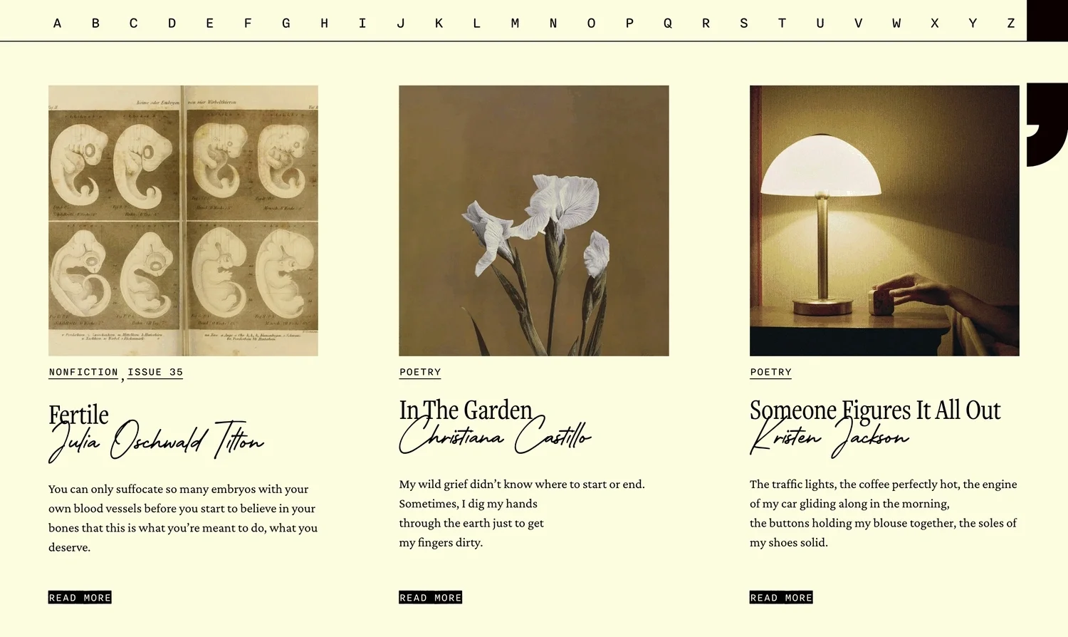 Website: three featured pieces with photographs