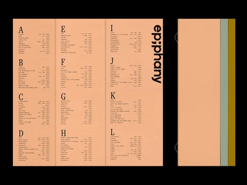Printed alphabetical index on peach, the Epiphany wordmark down the side