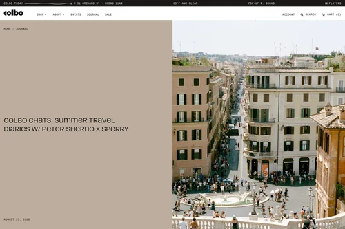 Website: a Journal story, Summer Travel Diaries with Peter Sherno x Sperry, over a view of Rome