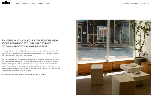 Website: the story of the store, beside a photo of the shop floor
