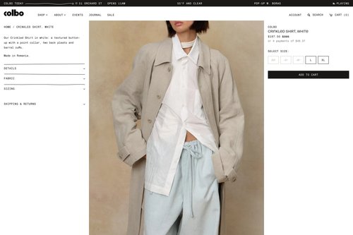 Website: a product page for the Crinkled Shirt in white