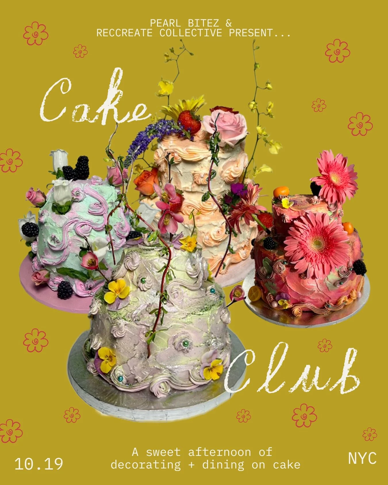 !!! 🍰💫!!! This October, we&rsquo;ll be welcoming Brooke Grillo of @pearlbitez into the studio for a deliciously curated cake club filled with edible glitter + pearls, colored frosting &amp; seasonal florals. She will give us her best tips behind ho
