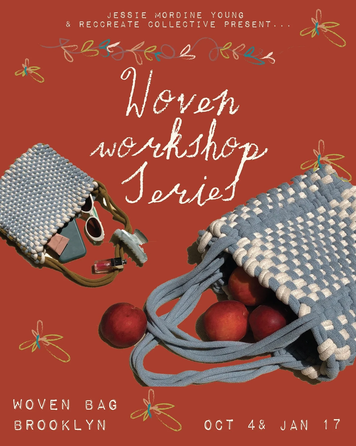 we have the incredibleeee pleasure of having @jessiemordine in the studio for a couple upcoming weaving workshops! get cozy &amp; learn how to 2D or 3D weave in either a wall hanging or woven bag workshop&mdash; both are beginner friendly with a love