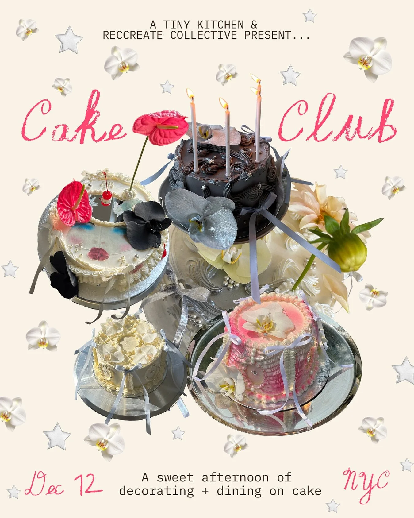 We&rsquo;re so thrilled to be joined by the incredible Lauren Klas of @atinykitchennyc for a cake club filled with orchids, maraschino cherries, ribbons, star + pearl sprinkles!

​Lauren will give you her hottest cake decorating tips before decoratin