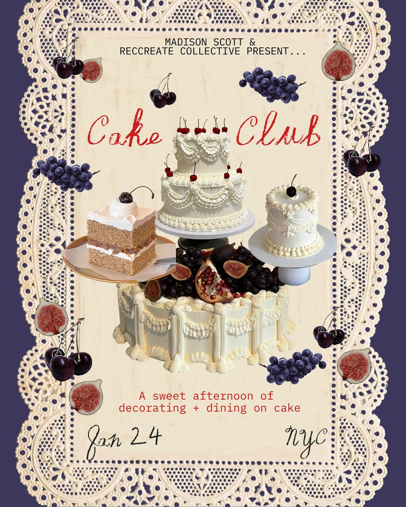 Cake club alerrttttt ⚠️🍰🍇

We&rsquo;re so thrilled to be joined by the incredible Madison Scott of Heirloom Supper Club for a cake club filled with piped collumns and overflowing with fruit.

​Madison will give you her hottest cake decorating tips 