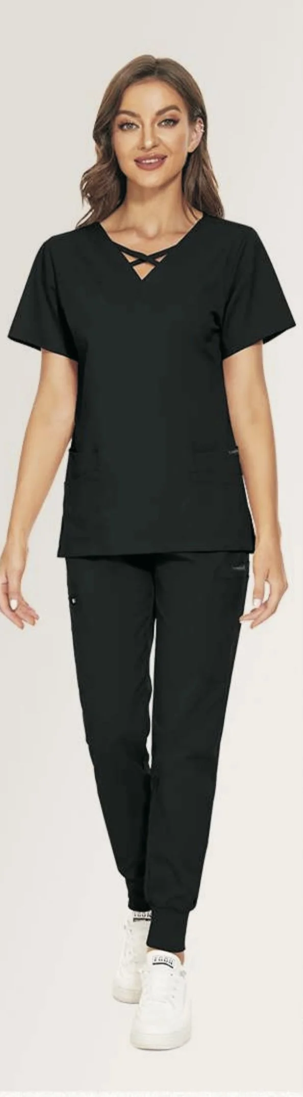 Style #42029/ Cross Stitched Top Scrub Set w/ Tapered Pants