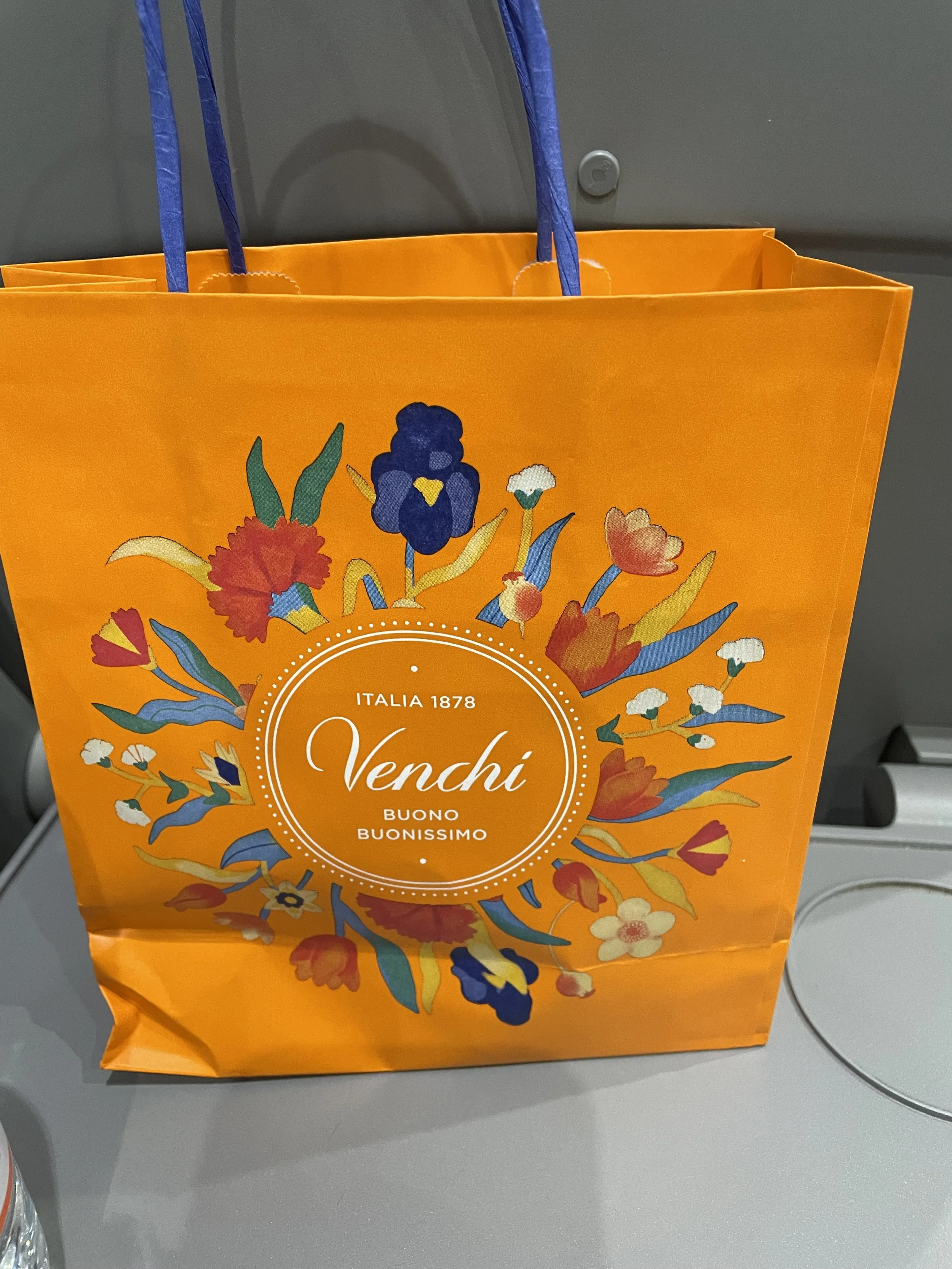 venchi chocolate bag from florence italy on the high speed italo train from florence back to rome