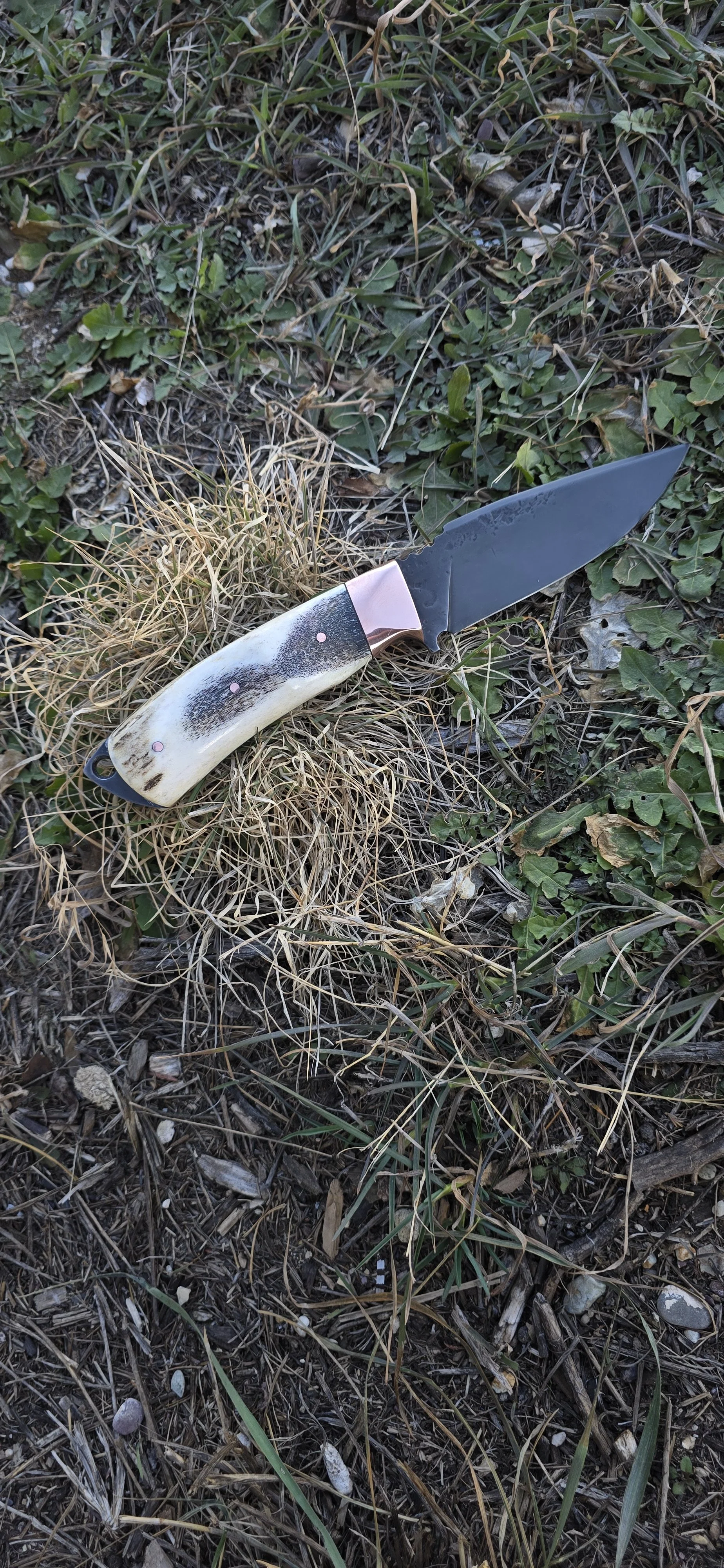 Mono steel hunting knife, acid etched with copper bolster and elk antler handle.