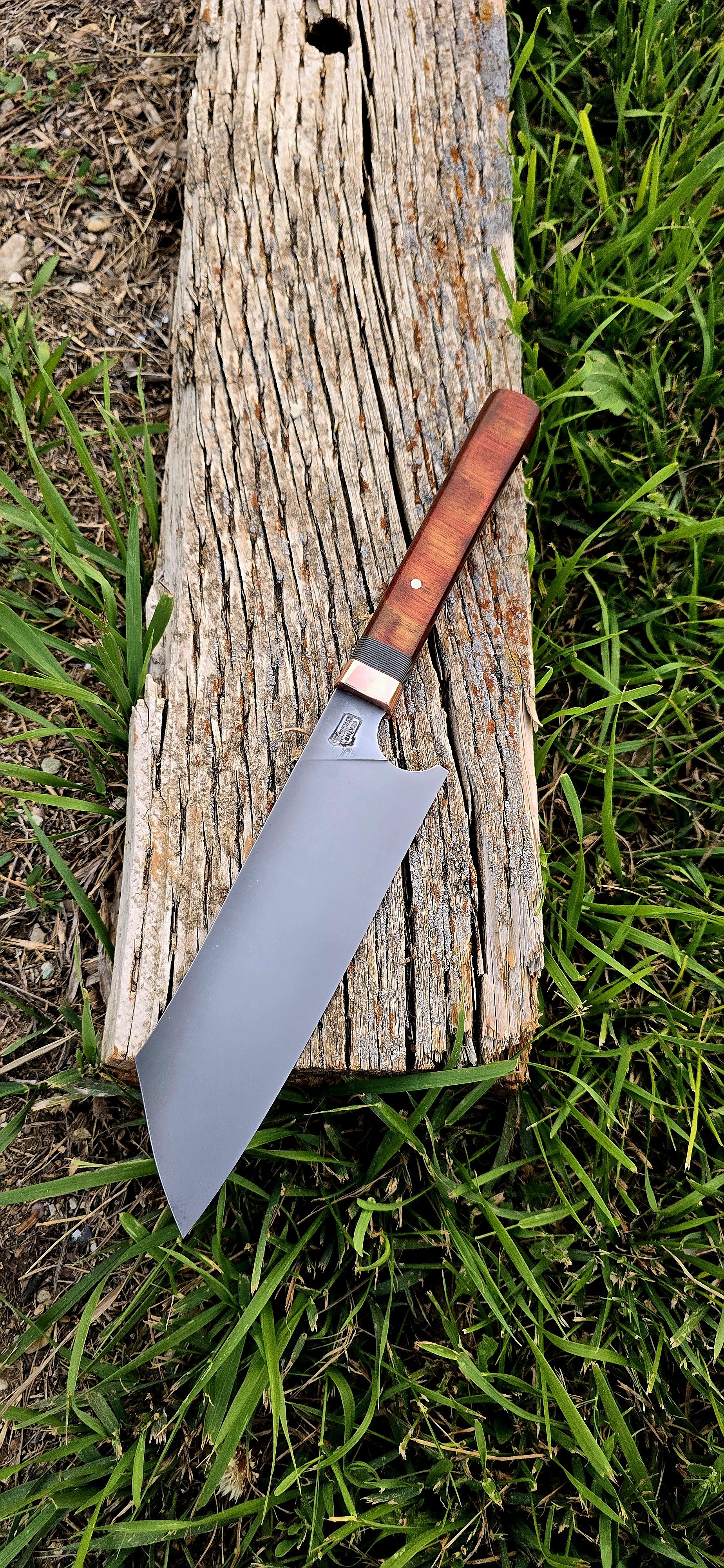 7" Santuko chef knife, darkened etch, copper bolster, Suretouch-G10 spacer and African Bloodwood handle