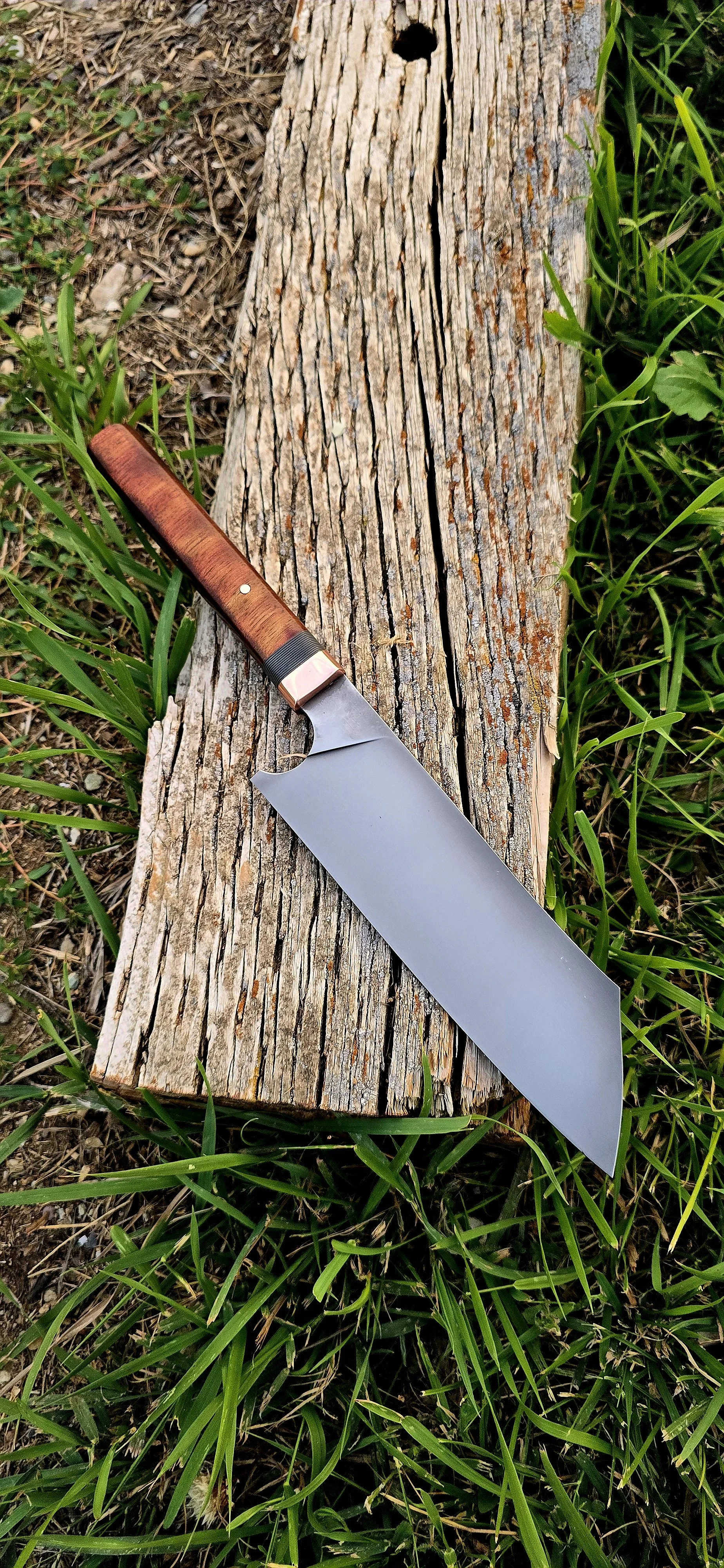 7" Santuko chef knife, darkened etch, copper bolster, Suretouch-G10 spacer and African Bloodwood handle