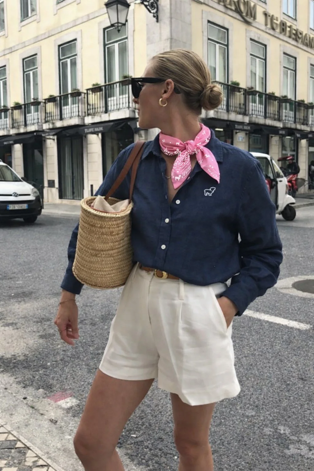 Woman in Navy Linen Shirt Pink bandana.jpg