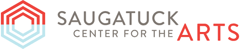 Logo for Saugatuck Center for the Arts, featuring a geometric honeycomb design in red and light blue, with the name in gray and red text.