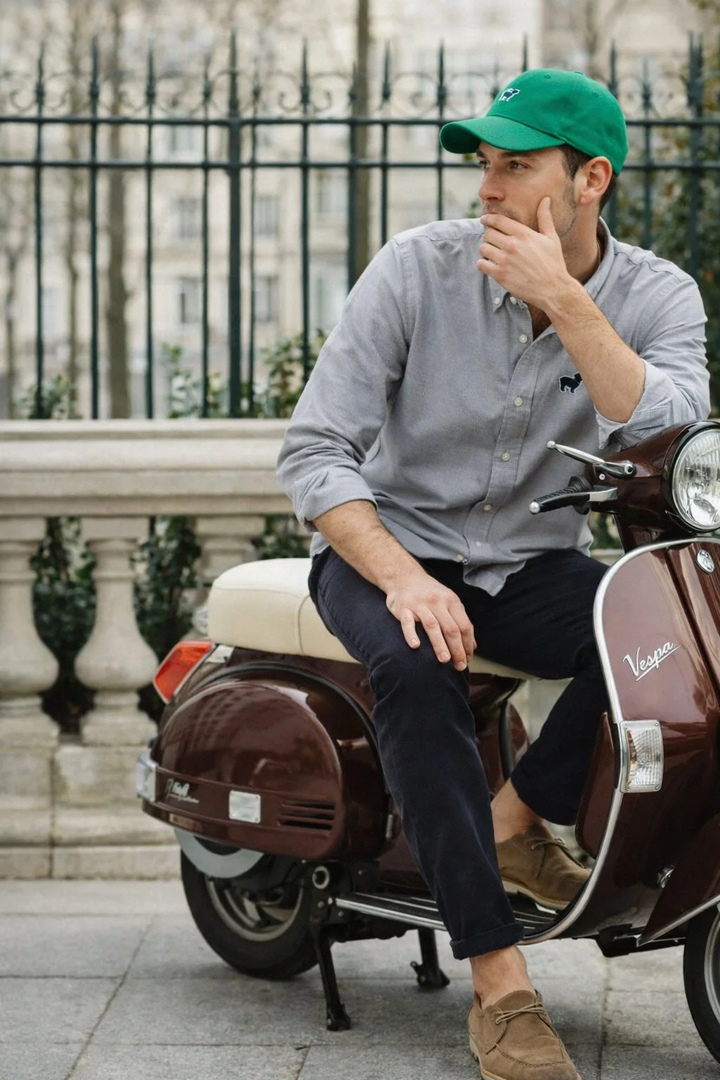 The Saugy Dog Gray Oxford Shirt  kelly hat.jpg