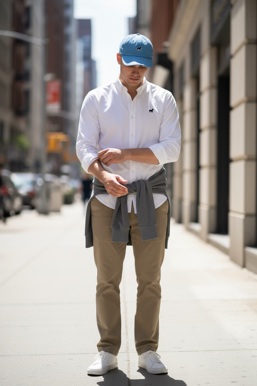 Man on Chicago Street white oxford Lt Blue hat.png