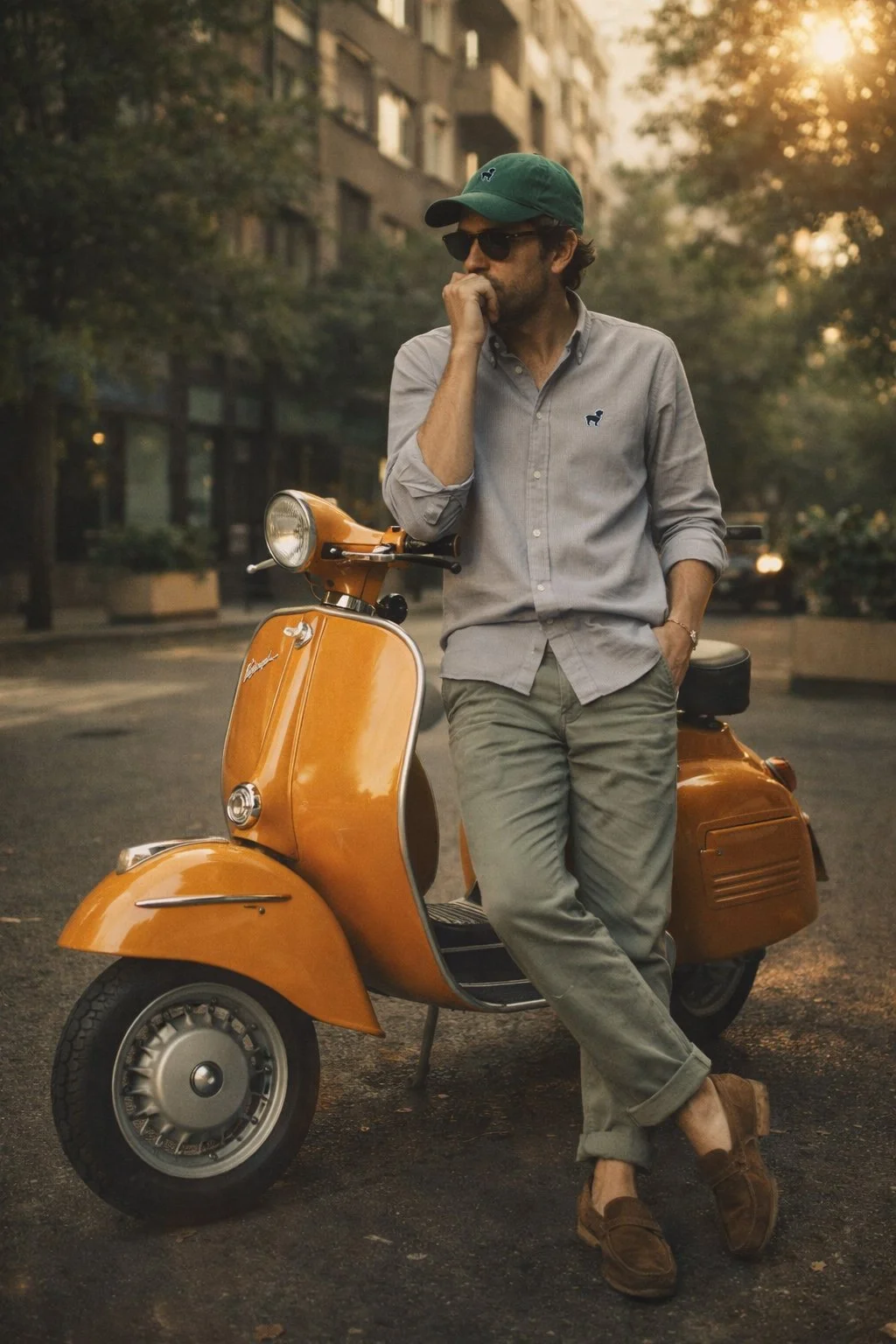 The Saugy Dog Gray Oxford Shirt Kelly Green Hat Vespa.jpg