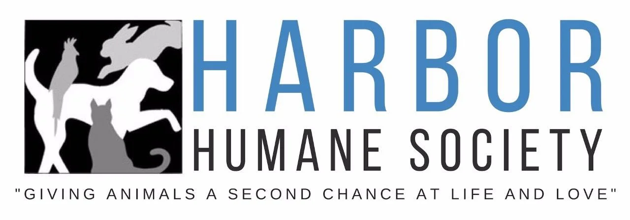 Logo of Harbor Humane Society with silhouettes of cats and rabbits, and the text 'Harbor Humane Society' and the tagline 'Giving animals a second chance at life and love'.