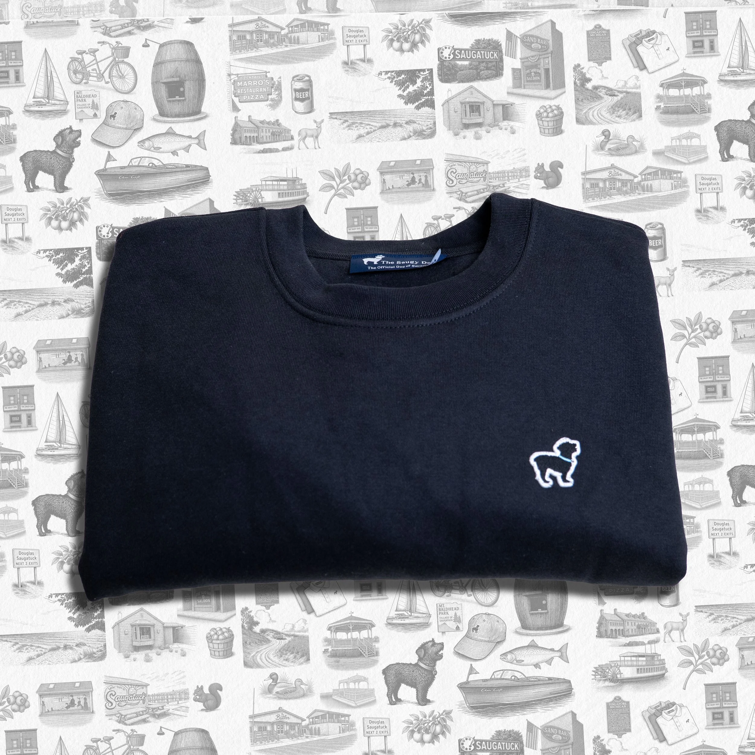 The Saugy Dog® luxe pullover sweatshirt, front view, black