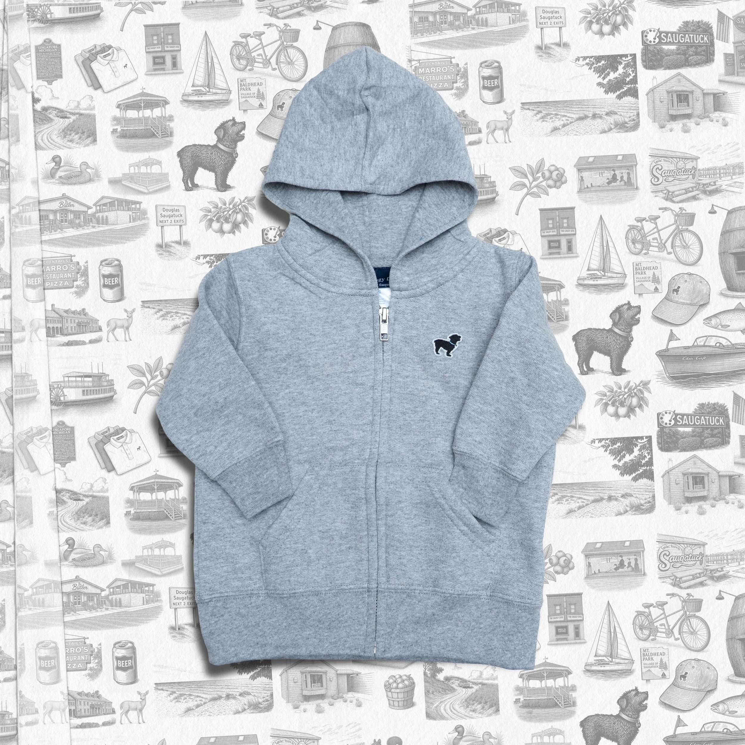 The Saugy Dog® infant  hoodie, front view, gray