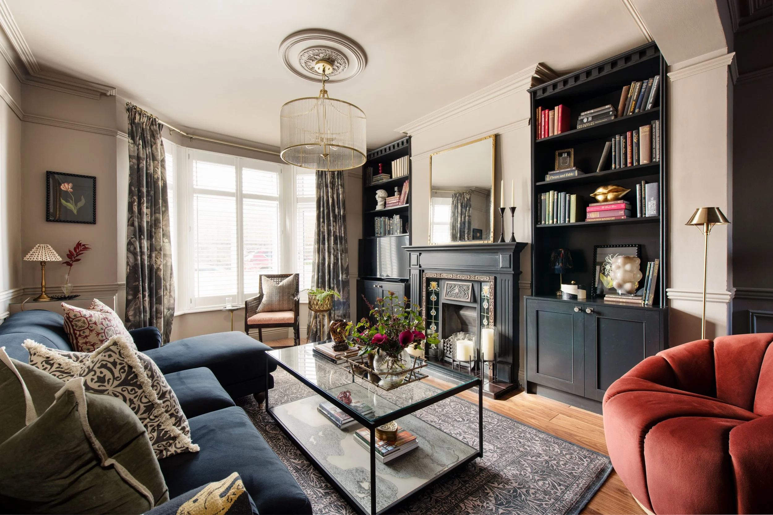 Bespoke alcove joinery and shelving, Edwardian living room interior design - London & Buckinghamshire - Sarah Ferreira Interiors