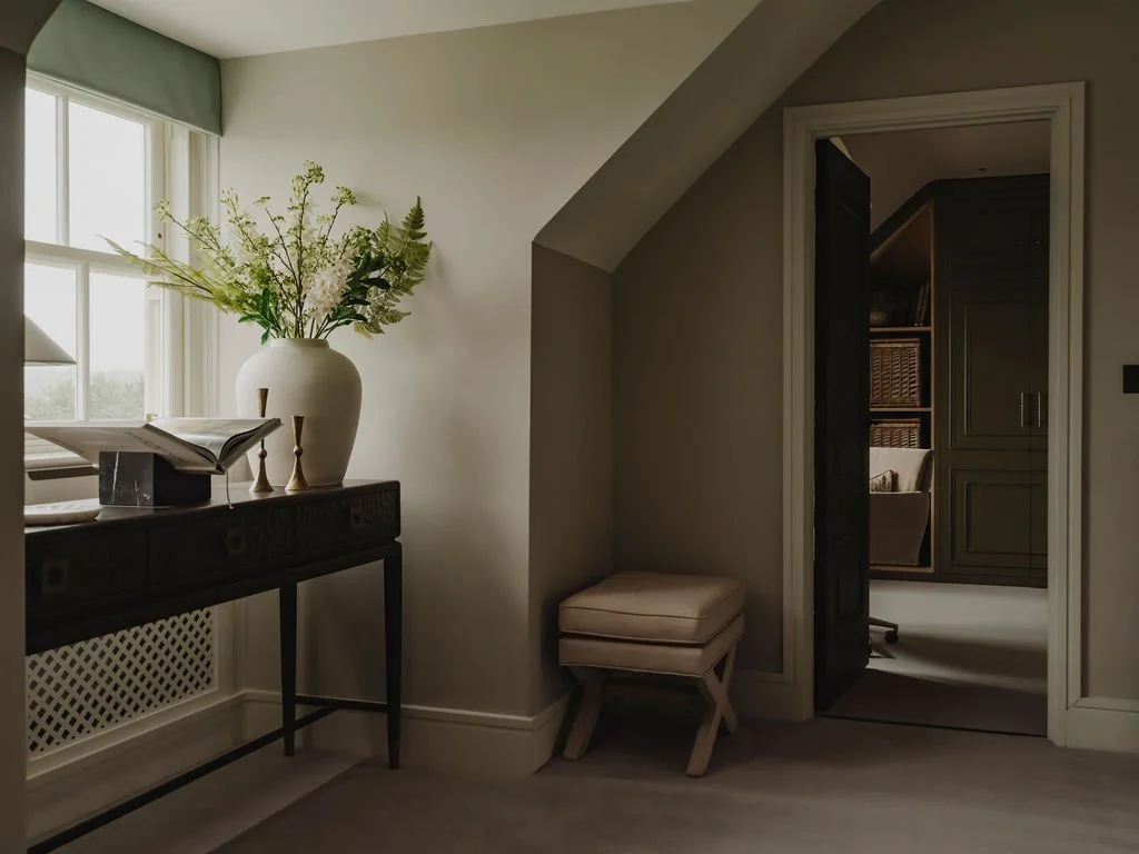 Landing transition space with layered materials and finishes in Bourne End interior design
