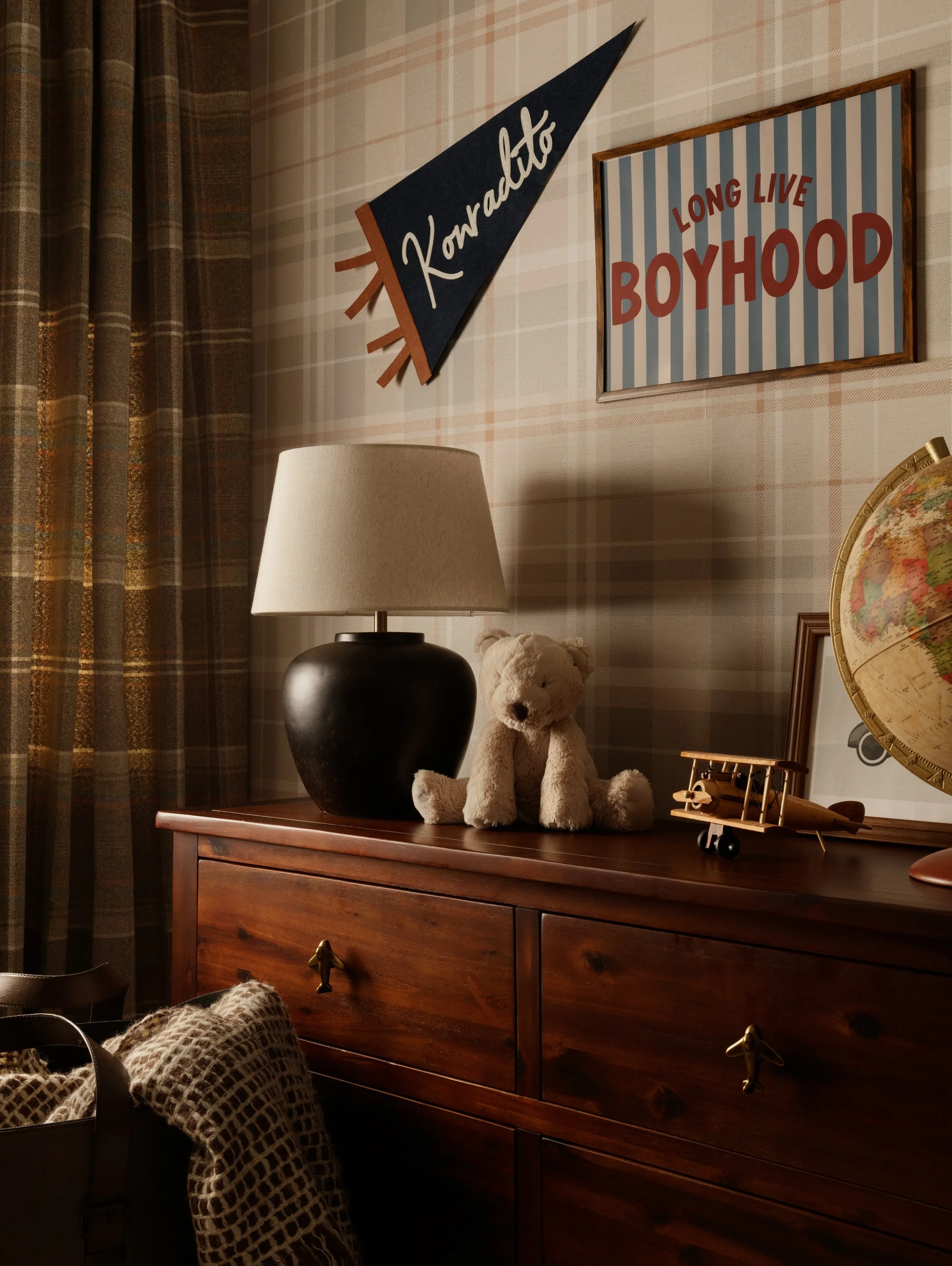 Vintage-inspired styling details in heritage children’s bedroom designed in Buckinghamshire.
