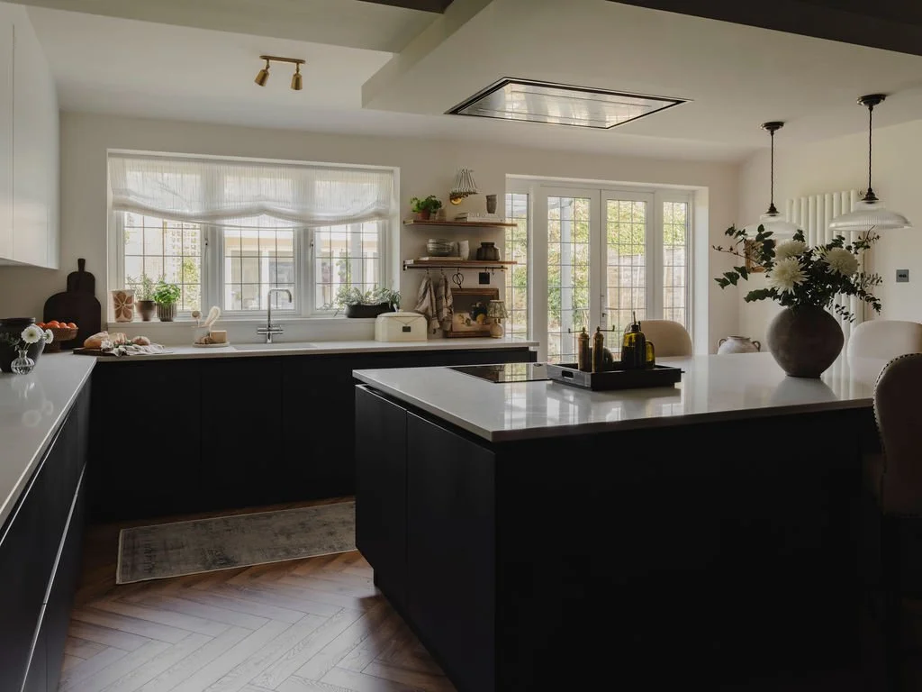 Modern family kitchen in Buckinghamshire with soft neutral palette
