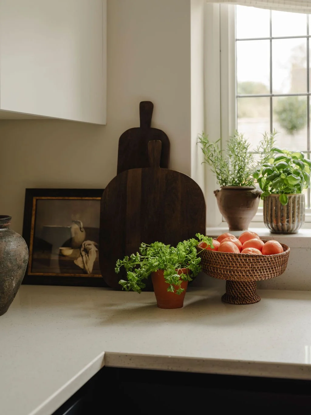 Modern kitchen interior with subtle styling and layered finishes
