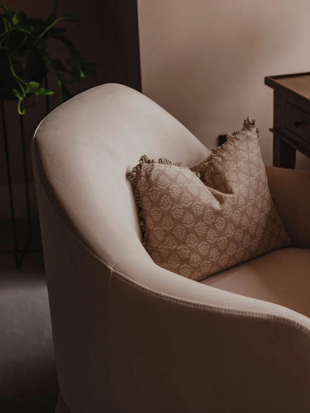 Dressing table chair detail in a boutique-style Bourne End, Buckinghamshire guest bedroom
