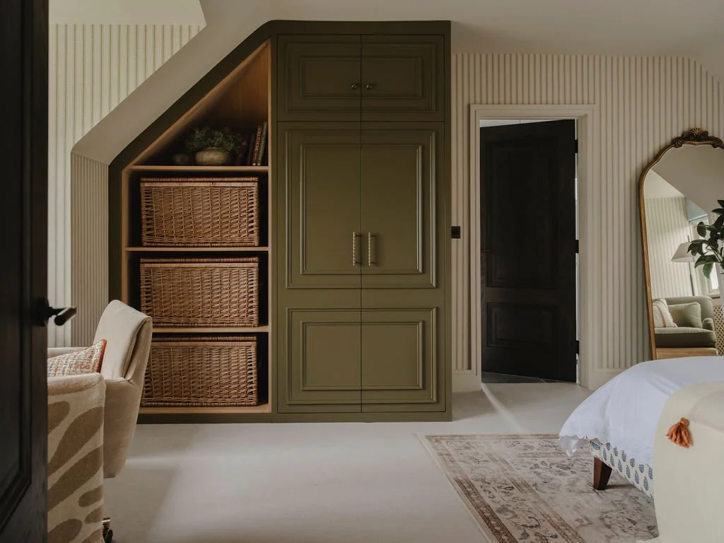 Bespoke wardrobe joinery design in a refined Bourne End, Buckinghamshire bedroom interior
