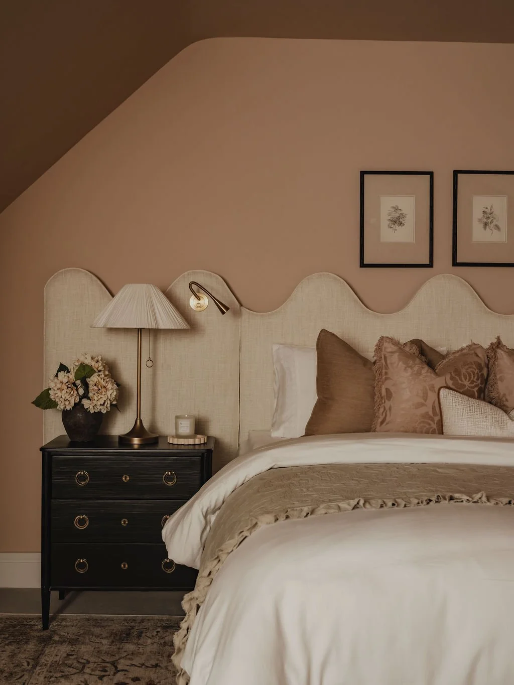 Boutique-style guest bedroom with bespoke upholstered headboard in Bourne End, Buckinghamshire
