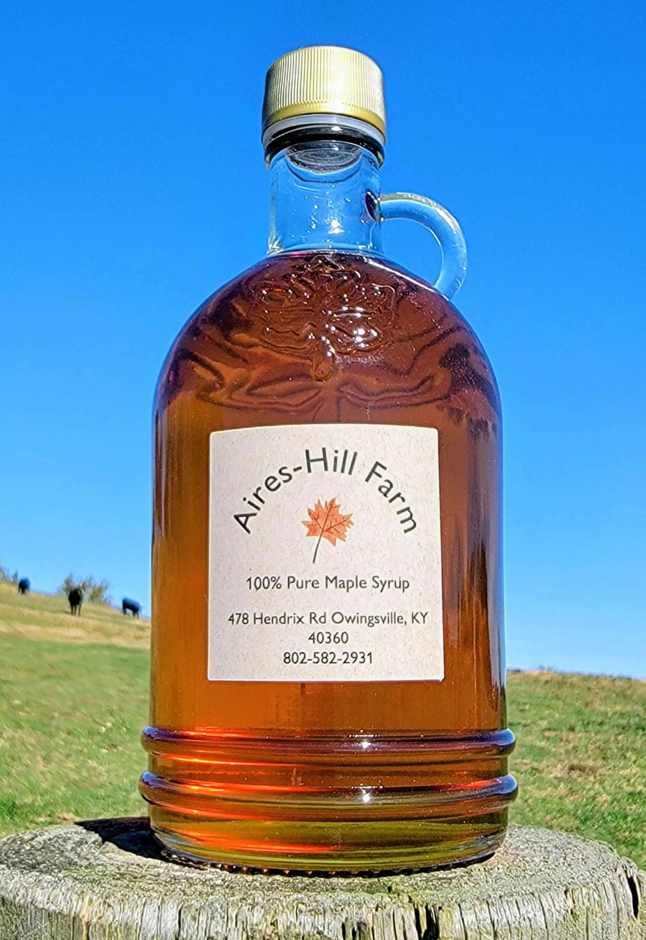 A bottle of Aure's Hill Farm 100% pure maple syrup with a golden cap, placed on a tree stump outdoors with a grassy hill and grazing cows under a clear blue sky.