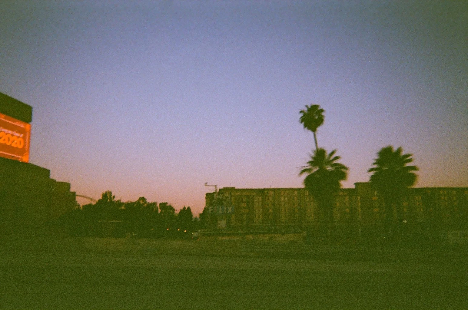 A twilight view of a cityscape with tall palm trees against a pastel-colored sky. Buildings and a crane are visible in the distance, with a sign on the left side of the image.