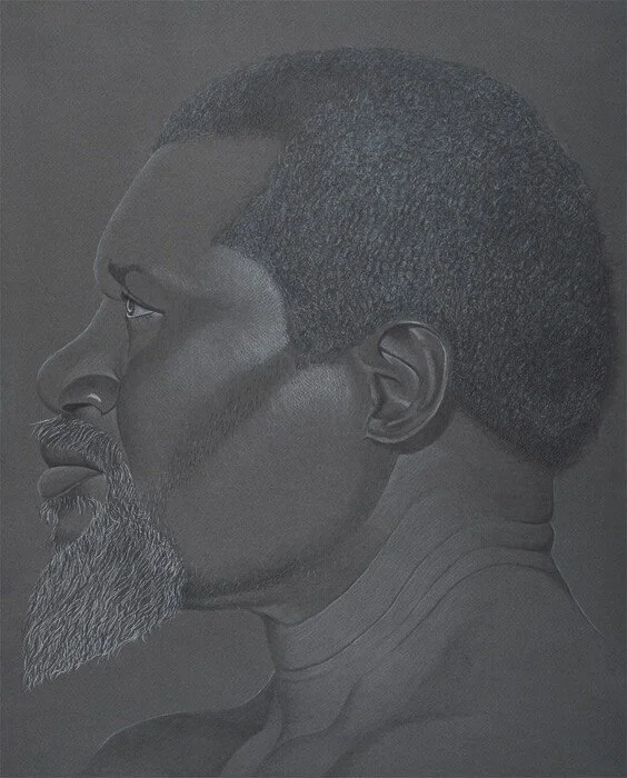 "Mamadou" Sabena Leake 
Graphite, White Chalk & Colored Pencil on Pastel Paper 
23" x 19.5" 
2025 
NFS 