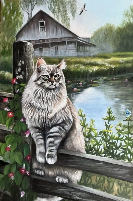 "Country Cat" Galina Veretenova 
Oil on Canvas 
36" x 24" 
2026 
$2,000 