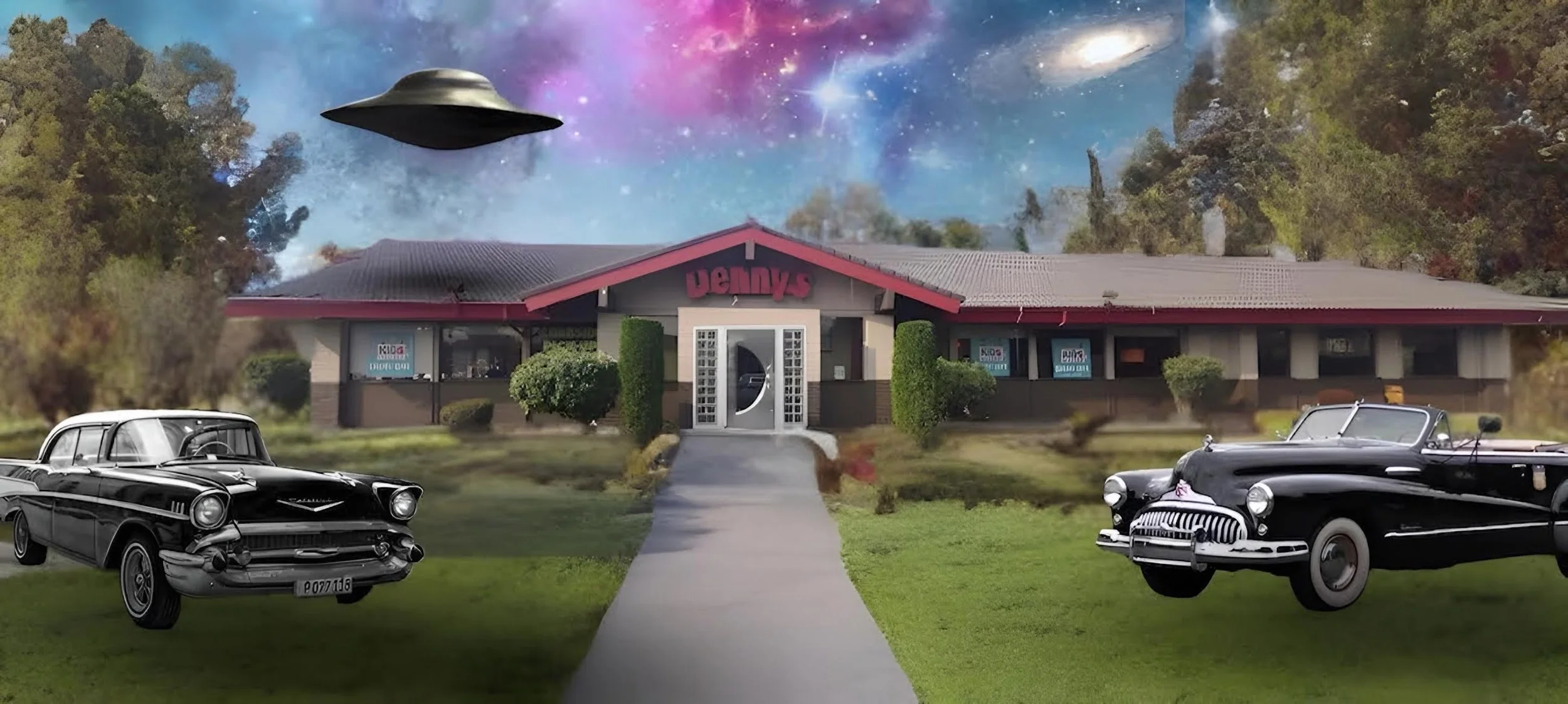 "The Restaurant at the End of the Universe" Albert Jeffries Mixed Media Collage 18" x 30" 
2026 $200 