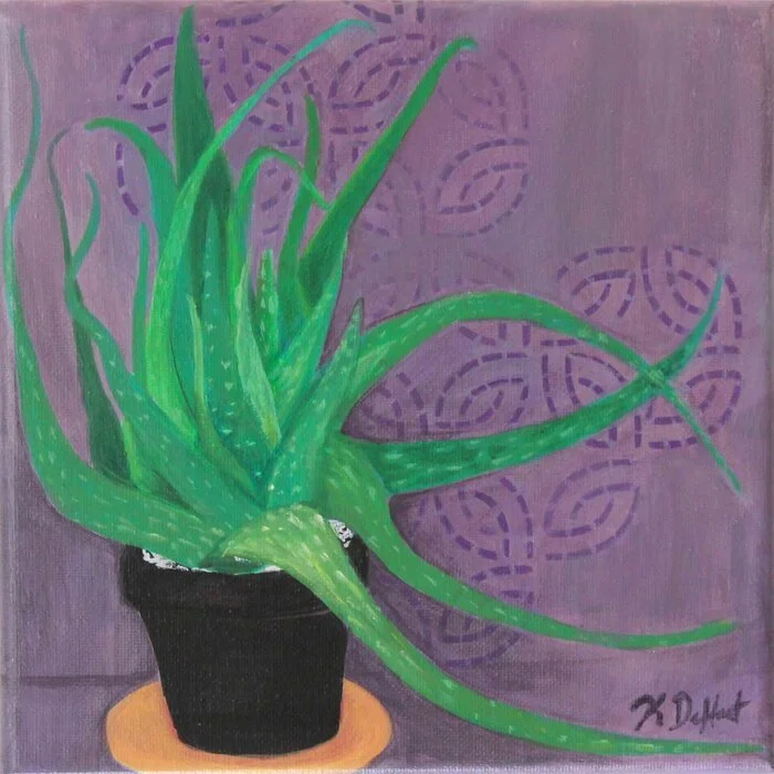 "Purple Aloe" Kaye DeHart 
Acrylic 
8" x 8" 
2026 
$195 