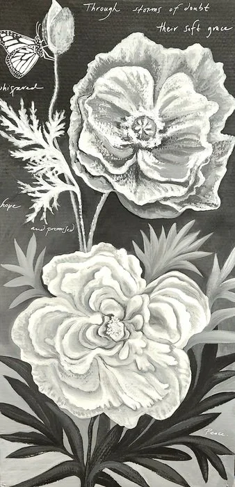 "Soft Grace Whispered Hope" Jenna Lynch Acrylic Paint, Gesso, Glue, Glitter on Cardboard 48" x 24" 
2025 $750 