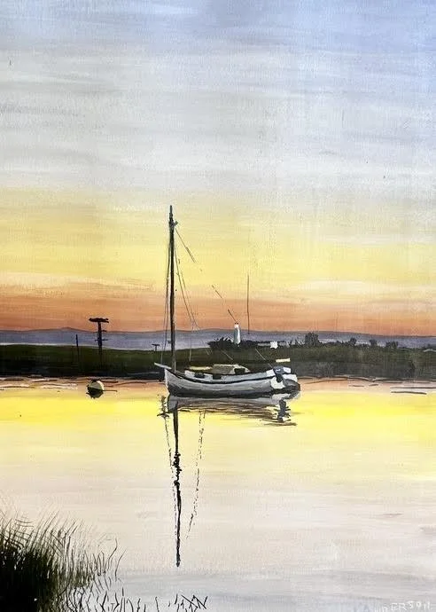 "Days End at Great Island" James Anderson Gouache on Watercolor Paper 15" x 11" 
2025 $485 