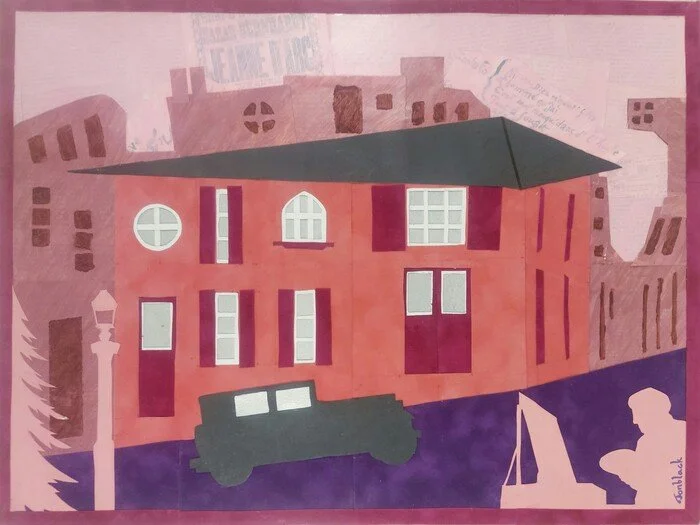 "Bohemian Rose (Avec Utrillo)" 
Jon Black Velvet Paper, Decoupage, Acrylic Paint, Spray Paint 18" x 24" 
2026 $1,375 